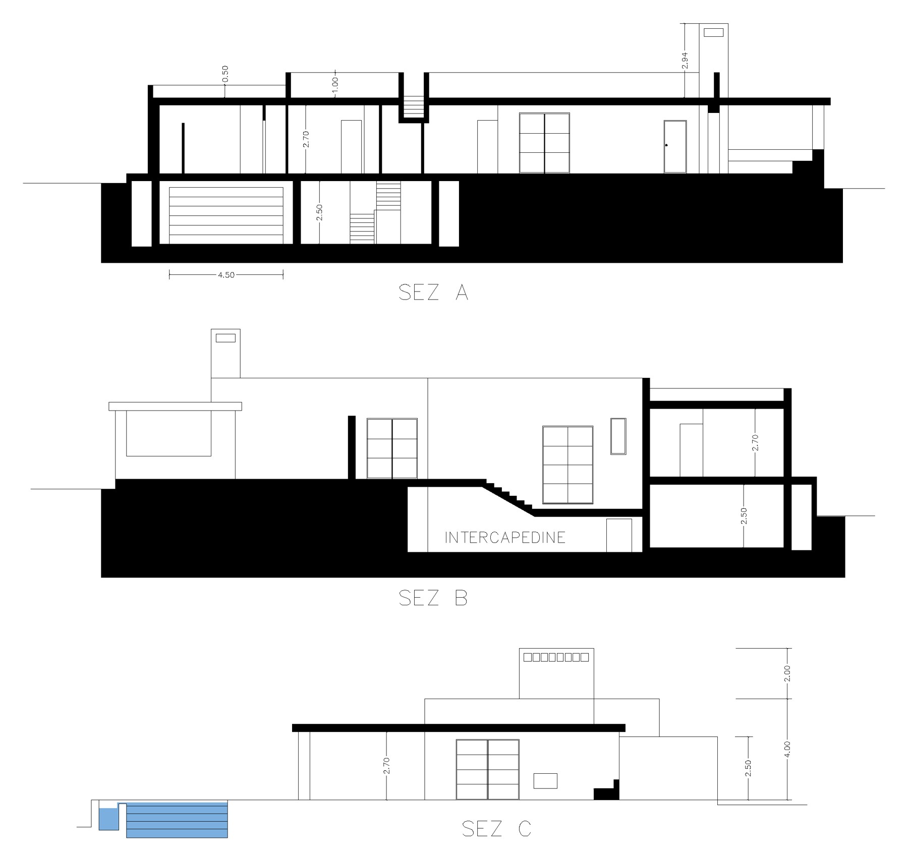 Doorsneden A, B en C van de villa