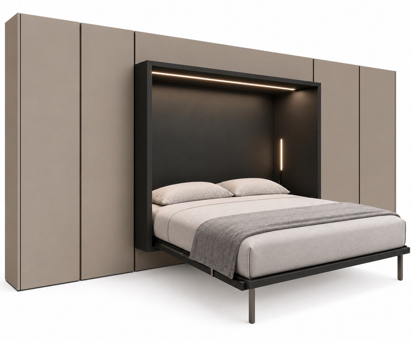 Opklapbed met verlichte nis in een kastenwand