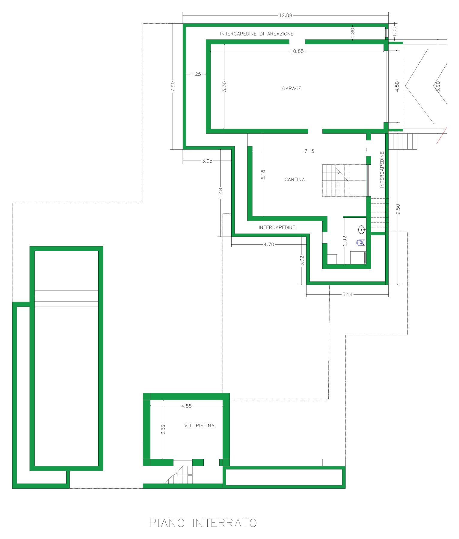 Plattegrond van de kelder met garage en cantina