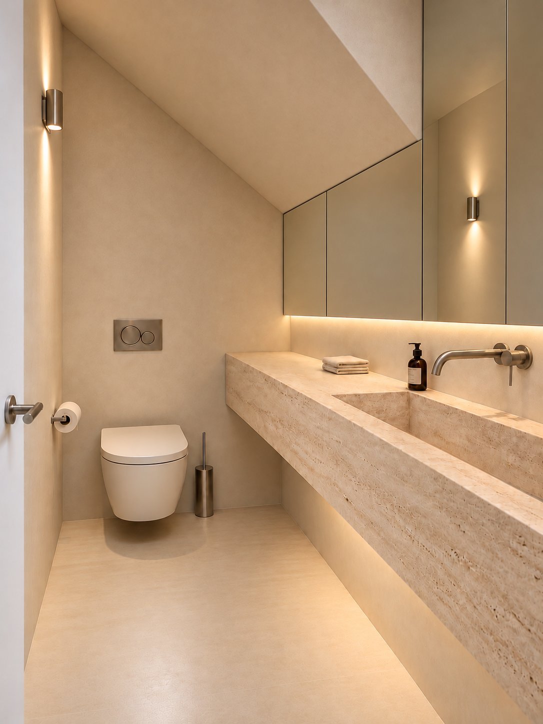 Toilet met travertin wastafel en wandlampen