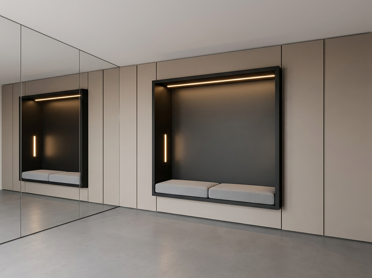 Souterrain als gym met ingeklapt bed en zitkussens