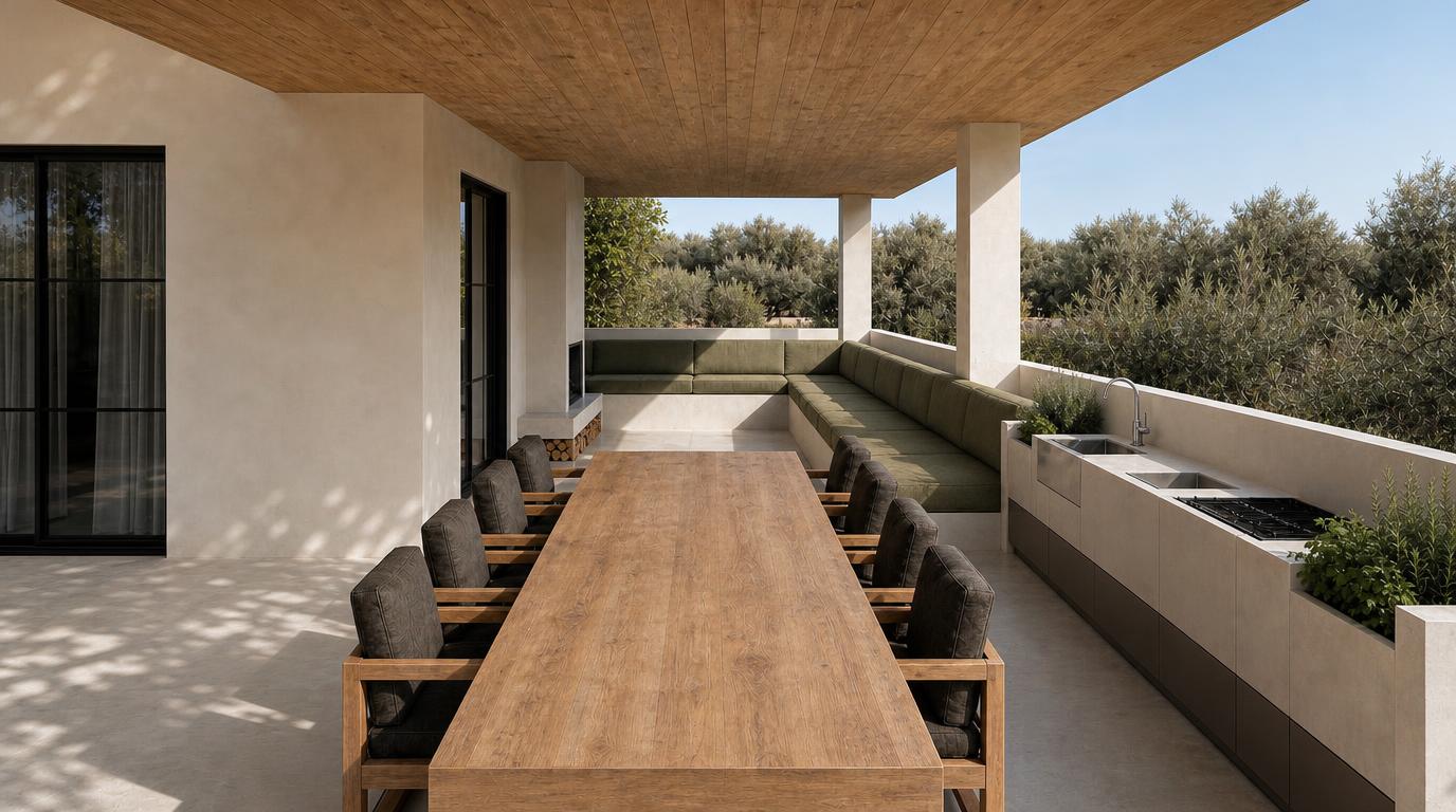 Overdekt terras met lange houten tafel en buitenkeuken